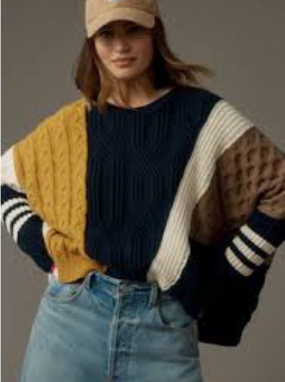 Anthropologie Maeve Boxy Oversized Colorblock Cable Knit Sweater SZ XS